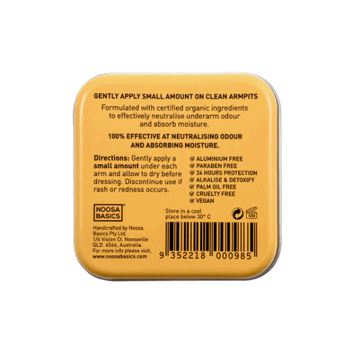 The back of Noosa Basics Deodorant Cream Sandlewood 50g packaging