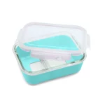 Lid partially off Melii Glass Bento Box Silicone Sleeve Blue