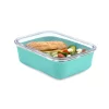 Melii Glass Bento Box Silicone Sleeve Blue open with food inside showing the how the food is separated into the two compartments