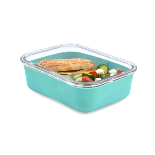 Melii Glass Bento Box Silicone Sleeve Blue open with food inside showing the how the food is separated into the two compartments