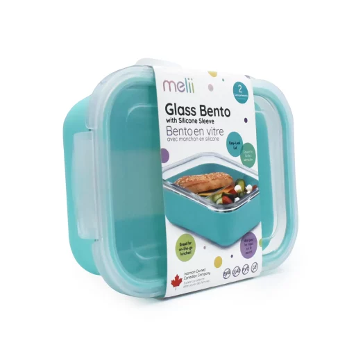 Melii Glass Bento Box Silicone Sleeve Blue in its packaging