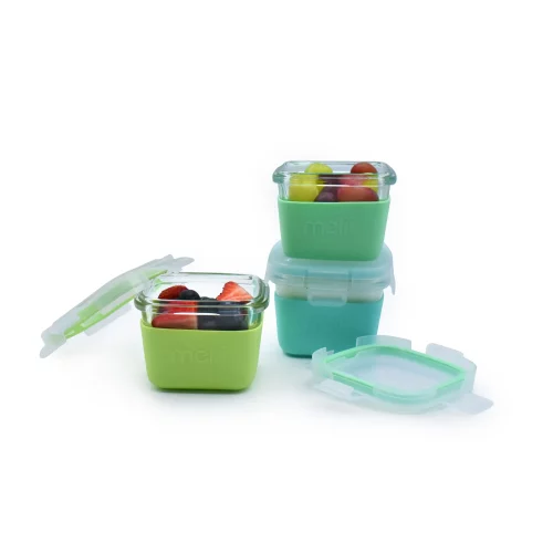 Melii Glass Container Sleeve Mint, Blue, Lime 3pk. Two of the containers are open