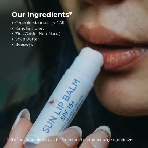 Svens Sun Lip Balm SPF 15+being applied to lips with a list of the ingredients that is used