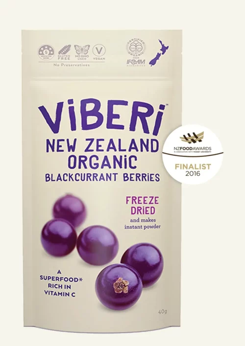 One package of Viberi Blackcurrant Berries Freeze dried 40g
