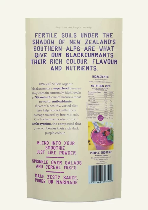 The back of the Viberi Blackcurrant Berries Freeze dried 40g packaging
