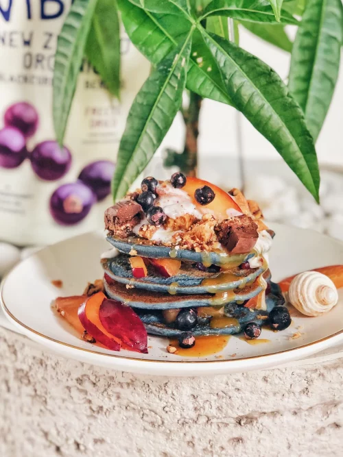 Pancakes with fruit syrup and Viberi freeze dried Blackcurrant Berries