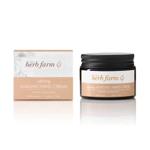 HerbFarm Hand Cream Almond Softening 50ml next to its packaging.