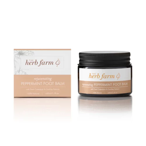 HerbFarm Rejuvinating Peppermint Foot Balm 50ml next to its packaging