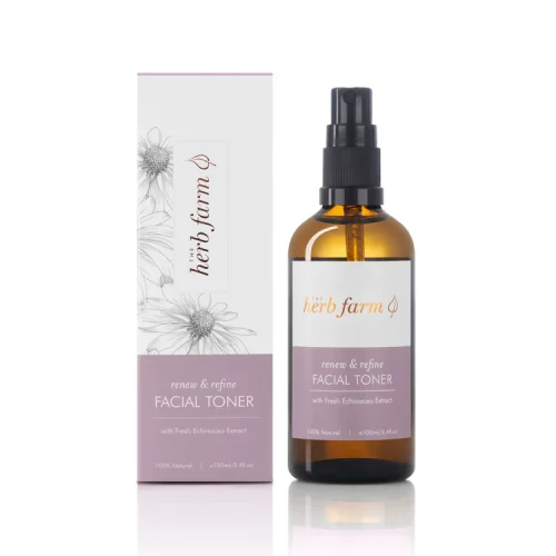 HerbFarm Renew Refine Facial Toner 100ml spray bottle next to its packaging