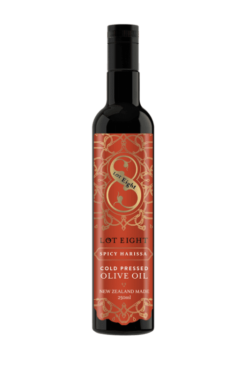 a bottle of Lot8 Spicy Harrisa Olive Oil 250ml