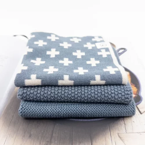Ecovask Dishcloth Variety Denim 3pk on top of a wood table