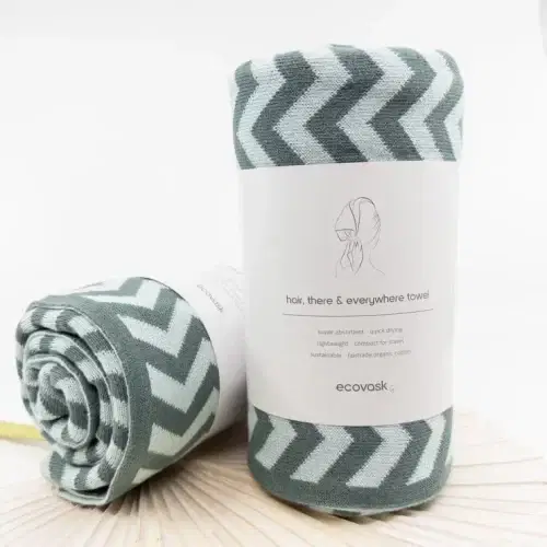 two Ecovask Hair Travel Towel Sea Foam Chevron rolled up in their packaging