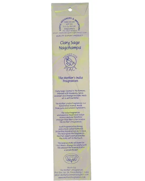 The back of MothersFragrances Clary Sage Nagchampa packaging