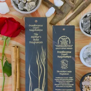 MothersFragrances Frankincense Nagchampa on a table surrounded by incense