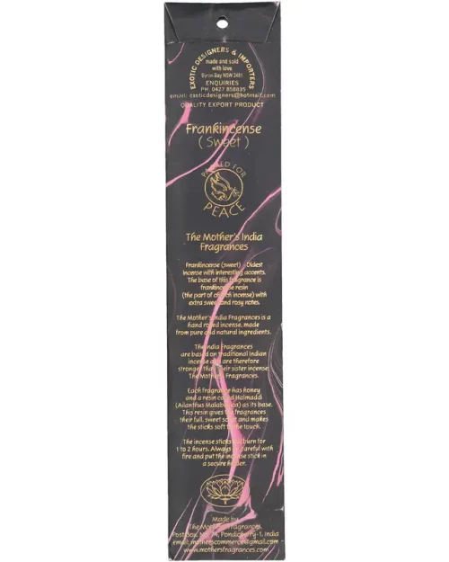 The back of MothersFragrances Frankincense Nagchampa