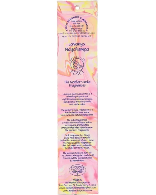 The rear of MothersFragrances Lavanya Nagchampa packaging