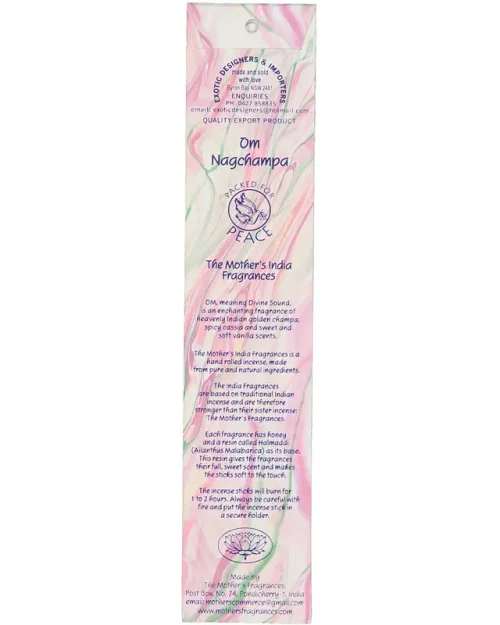 The back of MothersFragrances Om Nagchampa packagin