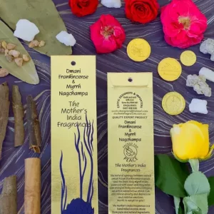 MothersFragrances Omani Frankincense Myrrh Nagchampa on a table surrounded by incense