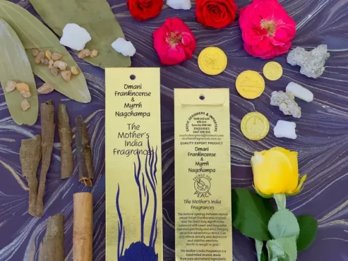 MothersFragrances Omani Frankincense Myrrh Nagchampa on a table surrounded by incense