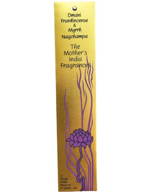 The front of MothersFragrances Omani Frankincense Myrrh Nagchampa packaging
