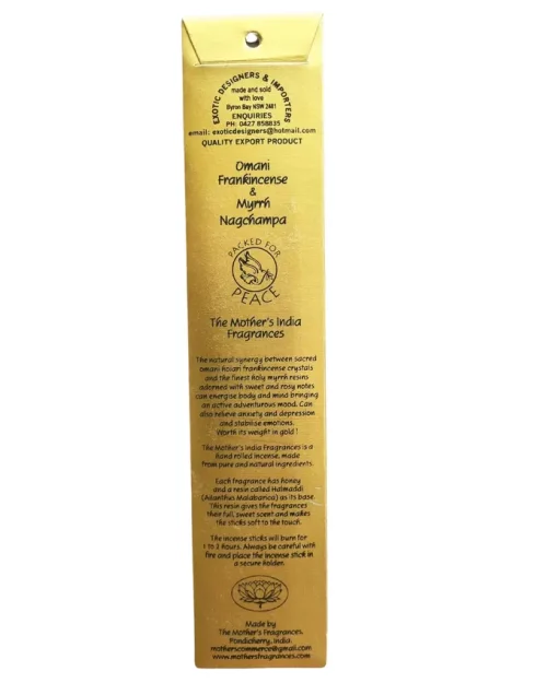 The back of MothersFragrances Omani Frankincense Myrrh Nagchampa packaging