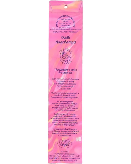 The back of MothersFragrances Oudh Nagchampa packaging