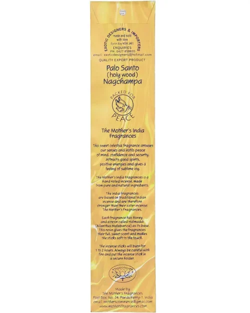 The back of MothersFragrances Palo Santo Nagchampa packaging