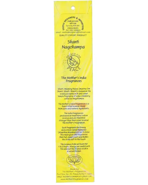 The back of MothersFragrances Shanti Nagchamp packaginge