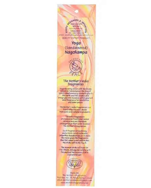 The back of MothersFragrances Yoga Nagchampa packaging