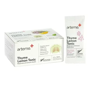 Individual sachet of Artemis Lemon Thyme Tonic Sachet next to its 12pk box