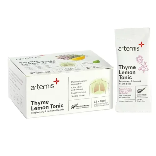 Individual sachet of Artemis Lemon Thyme Tonic Sachet next to its 12pk box