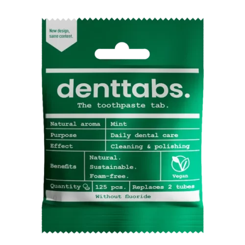 Denttabs Tooth Tablets Mint without Fluoride 125pc packaging