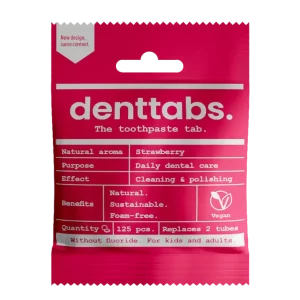 Denttabs Tooth Tablets Strawberry Fluoride Free 125pc packaging