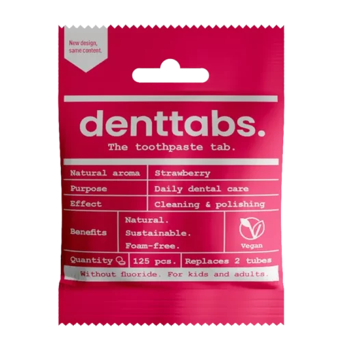 Denttabs Tooth Tablets Strawberry Fluoride Free 125pc packaging