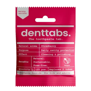 Denttabs Tooth Tablets Strawberry with Fluoride 125pc packaging