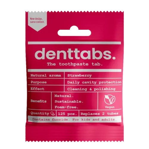 Denttabs Tooth Tablets Strawberry with Fluoride 125pc packaging