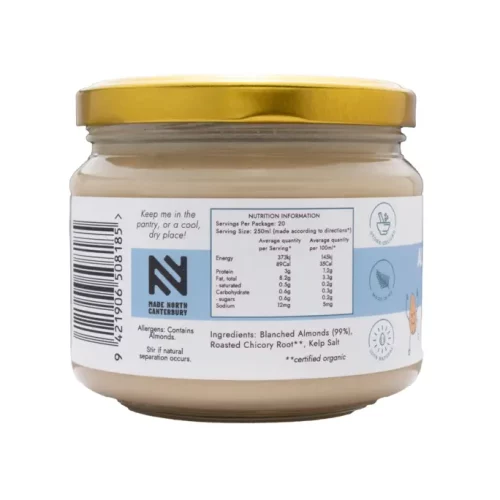 MylkMade Almond Mylk Barista Base nutritional information and ingredients listed on the jar