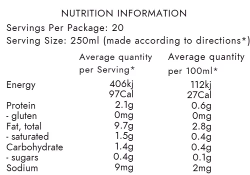 MylkMade Hazelnut Rich Mylk Base 150ml Nutritional Information