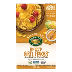 the front of Natures Path Corn Flakes Honey 300g packaging