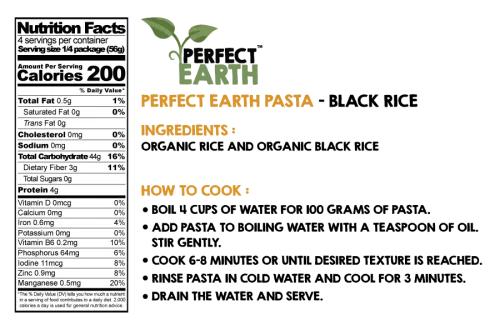Nutritional facts, ingredients, and cooking instructions for PerfectEarth Rice Pasta Black 225g