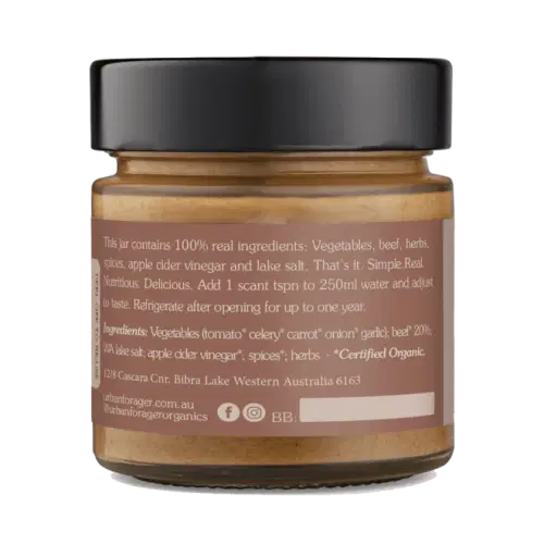 UrbanForager Beef Stock Concentrate 250ml ingredients listed on the jar