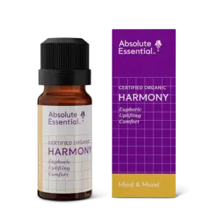 a bottle of AbsoluteEssential Harmony Blend 10ml next to its packaging