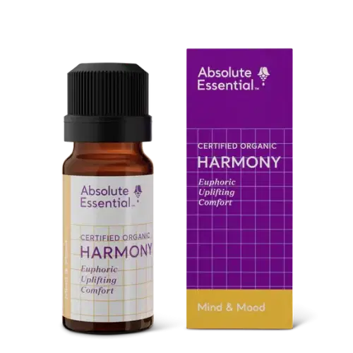 a bottle of AbsoluteEssential Harmony Blend 10ml next to its packaging