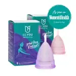 BeYou Menstrual Cups next to their packaging and a badge stating "as seen in women's health 12 best to buy