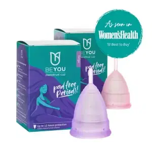 BeYou Menstrual Cups next to their packaging and a badge stating "as seen in women's health 12 best to buy