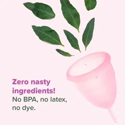 A picture of BeYou Menstrual Cup with the words "Zero nasty ingredients! No BPA, no latex, no dye."