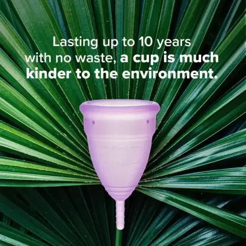 Picture of BeYou Menstrual Cup Large with the text "lasting up to 10 years with no waste, a cup is much kinder to the environment