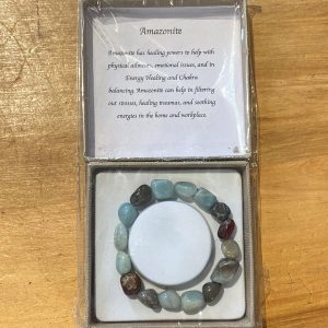 Beaded Bracelet Lge Amazonite in its packaging on a wood table