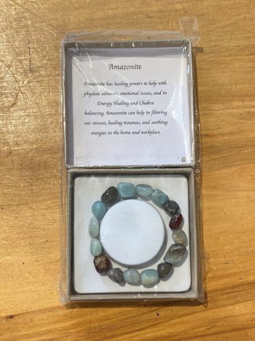 Beaded Bracelet Lge Amazonite in its packaging on a wood table