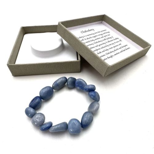Beaded Bracelet Lge Blue Chalcedony on a white table next to its box